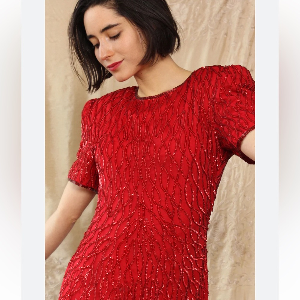 Vintage Lawrence Kazar Sequins Beaded Garnet Red Mini Dress